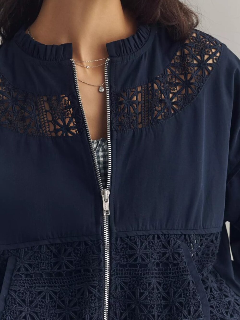 ANTHROPOLOGIE Lace Full Zip Bomber Jacket MEDIUM Navy Blue NWT